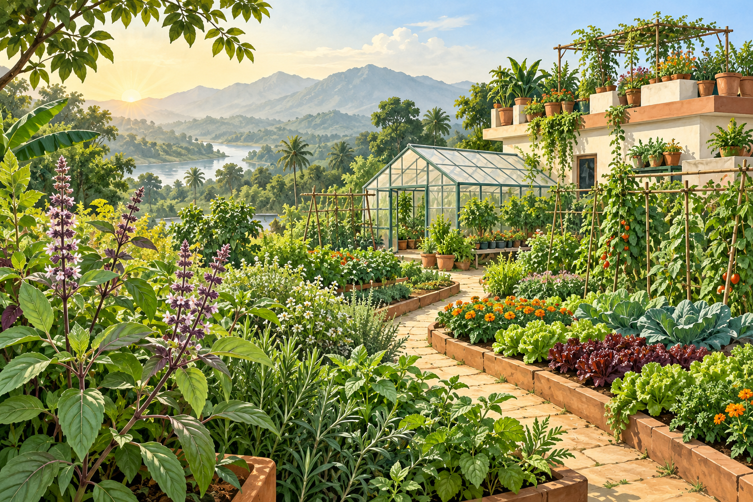 Illustration of herb beds, vegetable gardens and a greenhouse