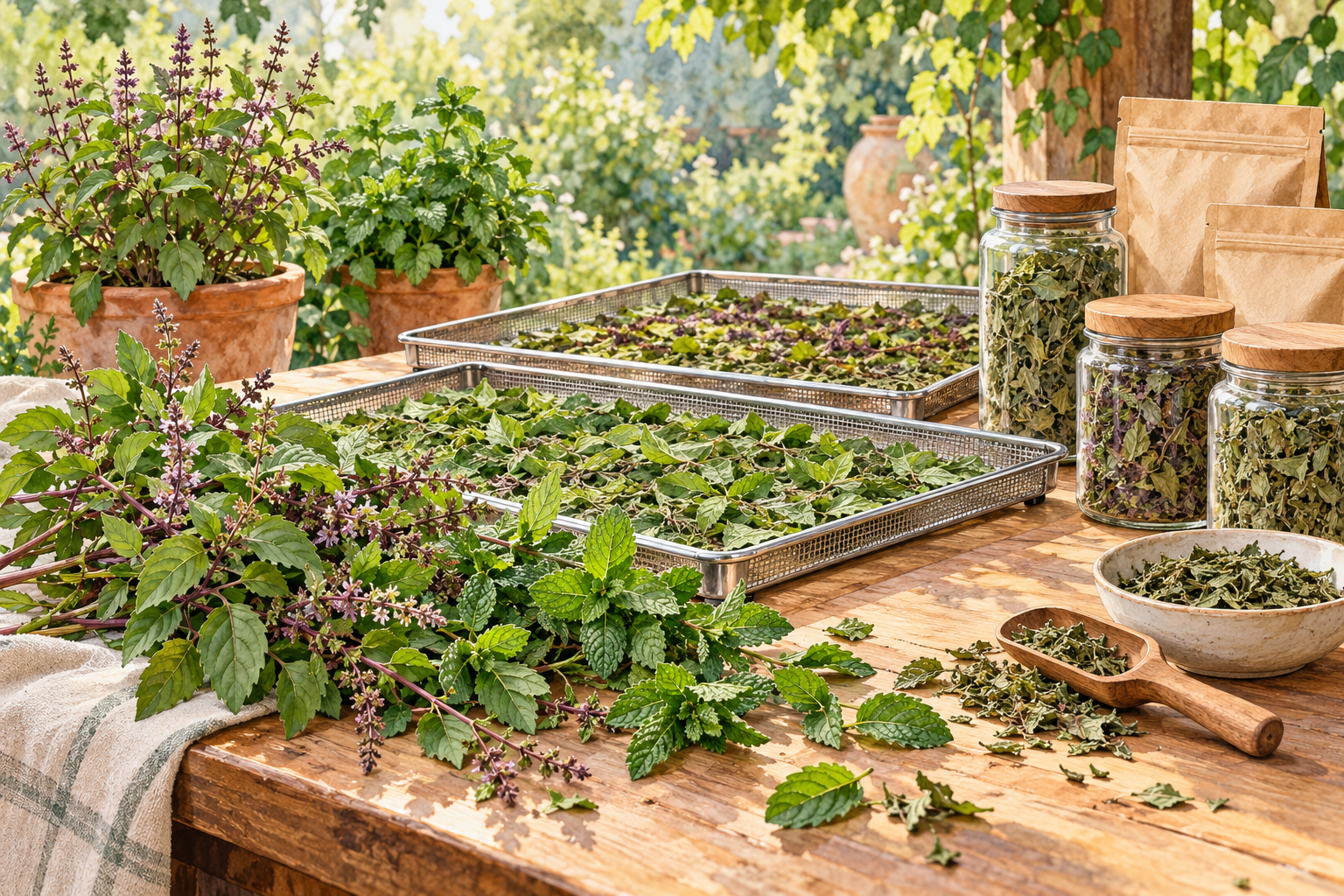 Illustration of herbs drying on trays beside jars and paper packaging