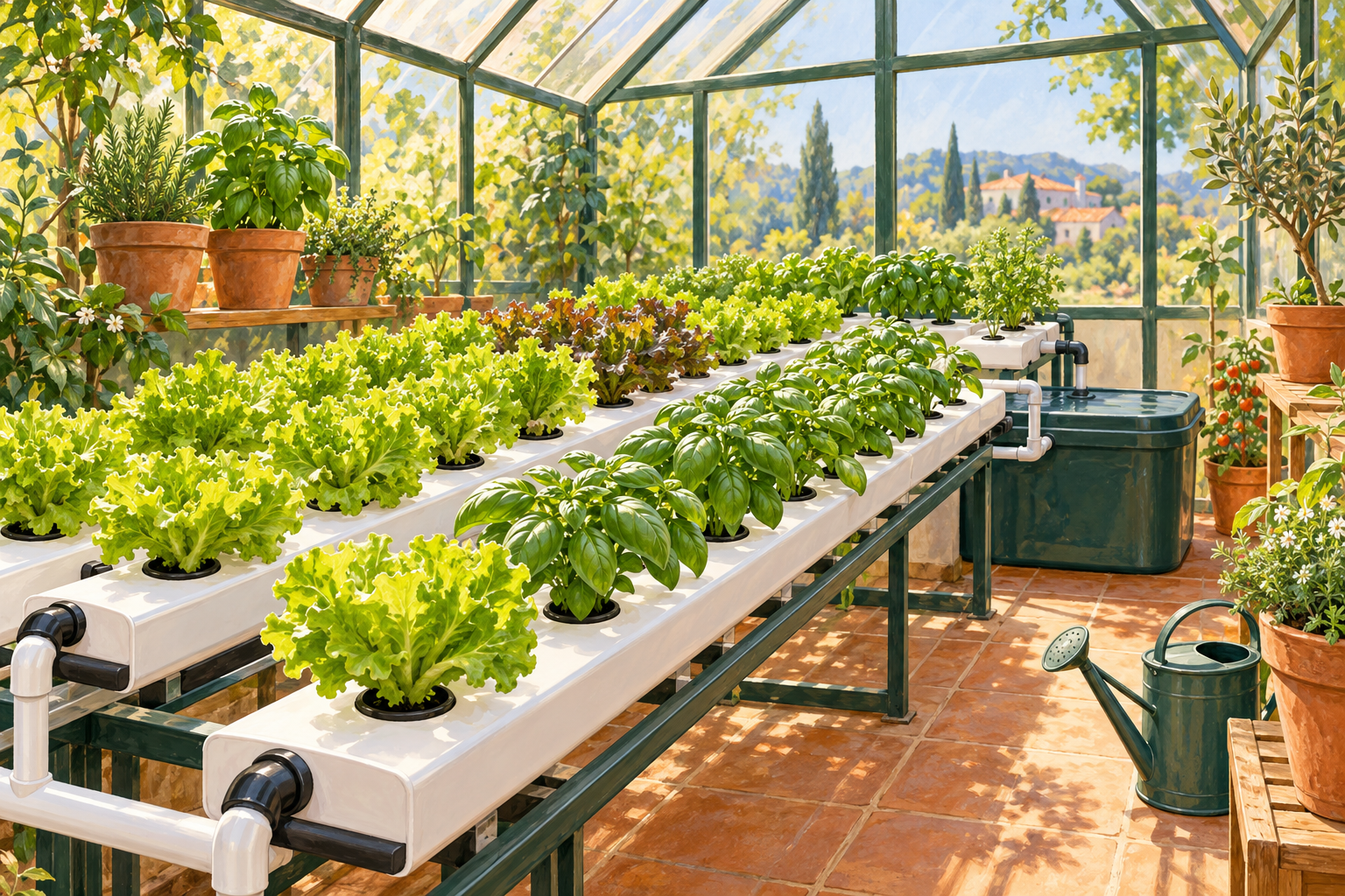 Illustration of lettuce and basil growing in hydroponic channels